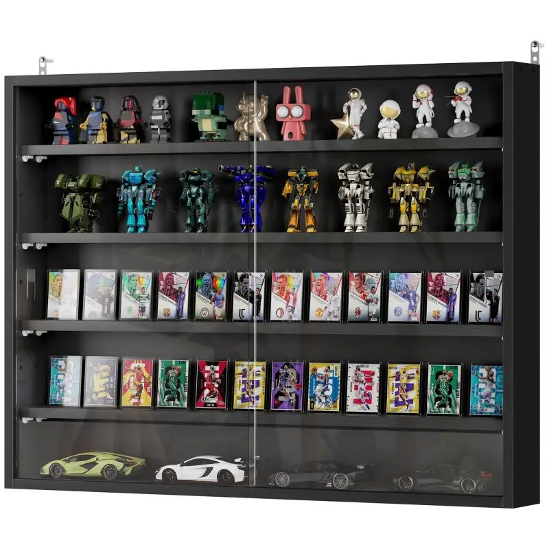 Wall-Mounted Display Cabinet – Wooden Cabinet with Adjustable Shelves and 2 Sliding Glass Doors – 80x9.5x60 cm – Black