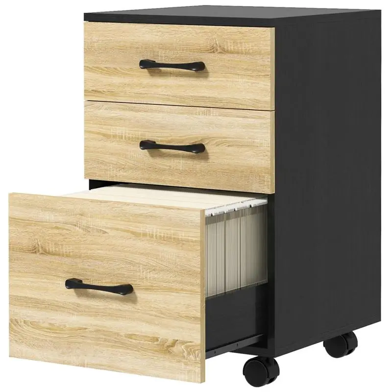 Office Filing Cabinet with Wheels, Drawers and Hanging Rail for Files, 40x42x65 cm, Oak and Black