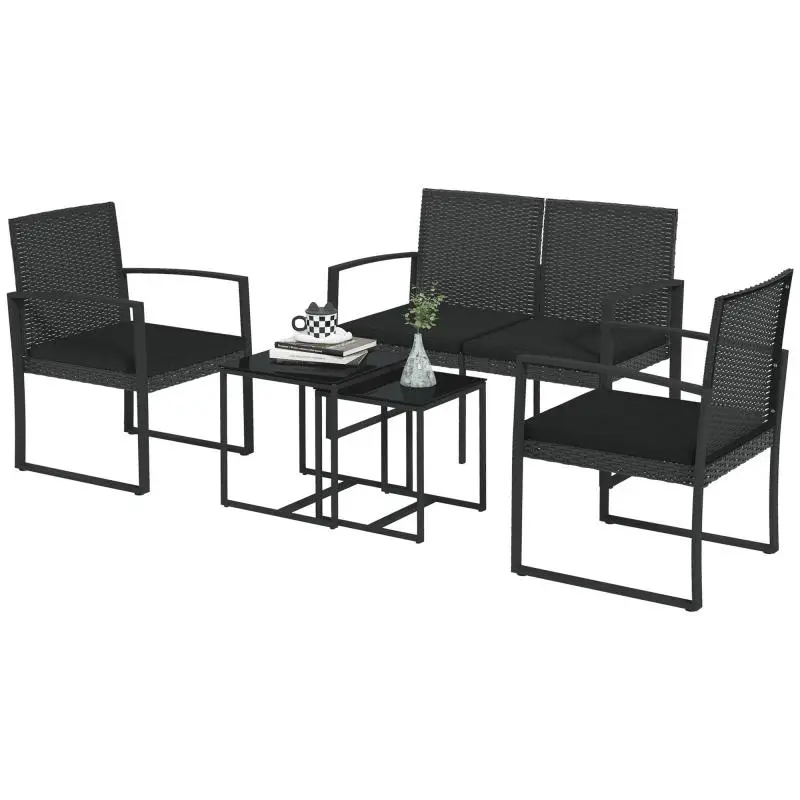 Synthetic Rattan Garden Furniture Set with 2 Single Sofas, 1 Double Sofa, and 2 Coffee Tables – Black