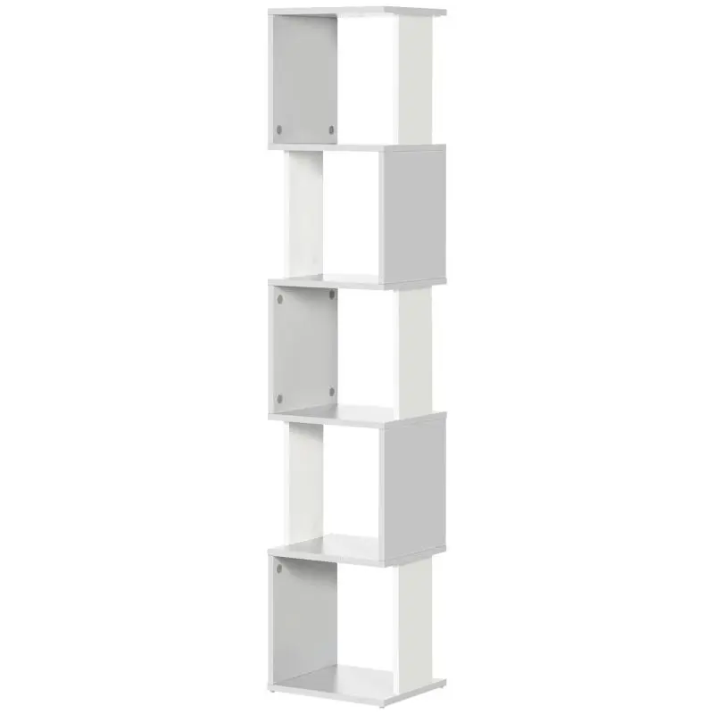 S-Shaped Bookcase/Shelving Unit with 5 Shelves for Living Room or Office – 33x28x161 cm – White and Grey