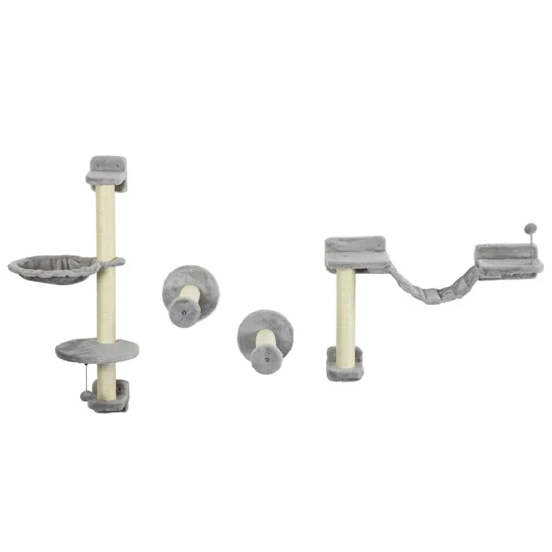 4-Piece Wall-Mounted Cat Climbing Set with Hammock, Ball, and Platforms – 84.5 x 19 x 54 cm – Grey and Beige