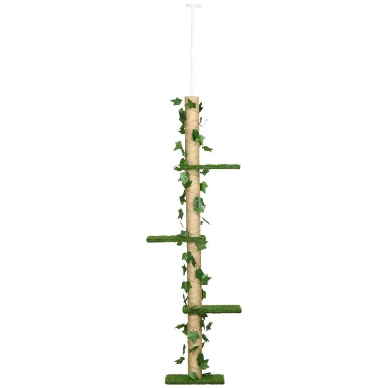 Floor-to-Ceiling Cat Tree (37x21x202-242 cm) with Adjustable Height and 4 Green Artificial Grass Platforms