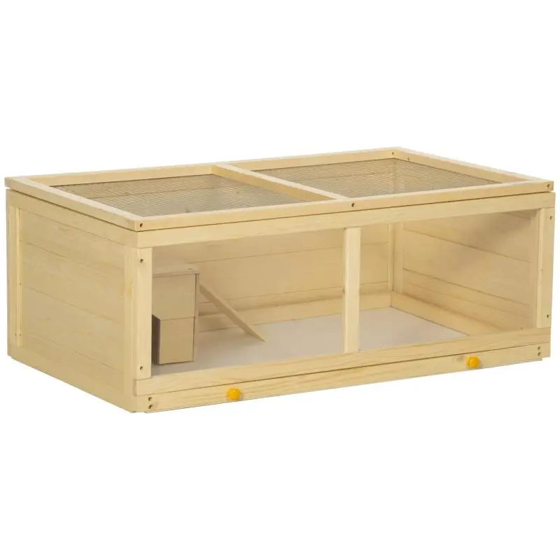 Wooden Hamster Cage with Hinged Roof, Acrylic Panel, Removable Tray, and Hideout – 100x58x38 cm – Natural