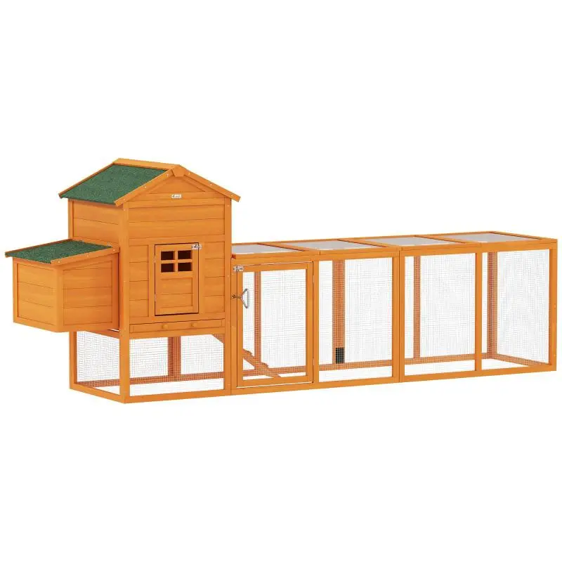 Large Wooden Chicken Coop for 3–6 Chickens with Asphalt Roof, Nesting Box, and Removable Tray – 297.5 x 68 x 118 cm – Natural Finish