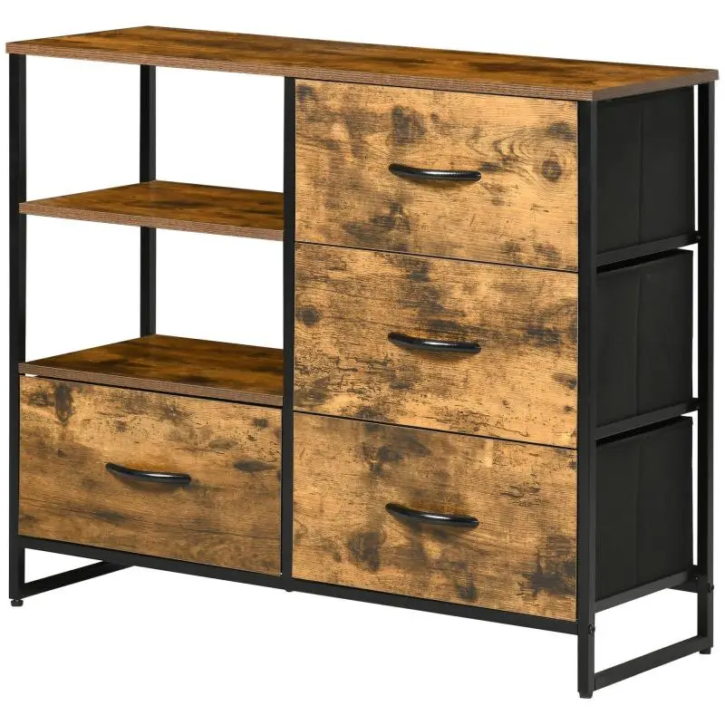 Industrial-Style Living Room Chest with 4 Foldable Fabric Drawers and 2 Shelves, 84x30x71.5 cm, Rustic Brown