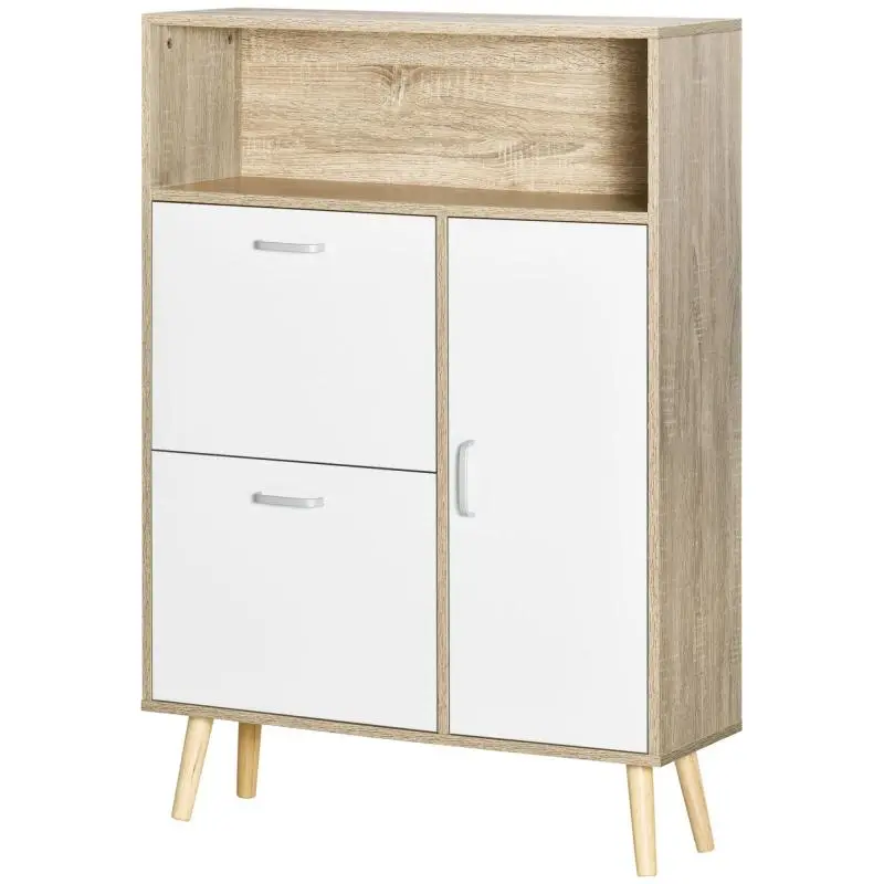 Shoe Cabinet for 8 Pairs with 2 Tilt-Out Drawers and Shelf – 80 x 25.5 x 112.5 cm – Natural and White