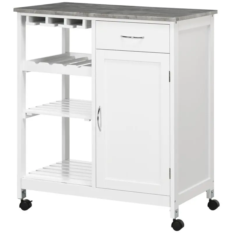 Kitchen Trolley on Wheels – Serving Cart with 1 Drawer, Pull-Out Shelves, and Wine Rack – 76x48x88 cm – White