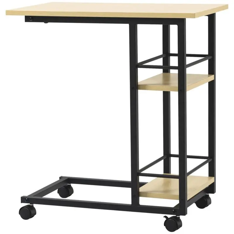 Side Table with Wheels, C-Shaped Side Table with 2 Shelves, Modern Style, 60 x 34.5 x 64.5 cm, Natural Finish