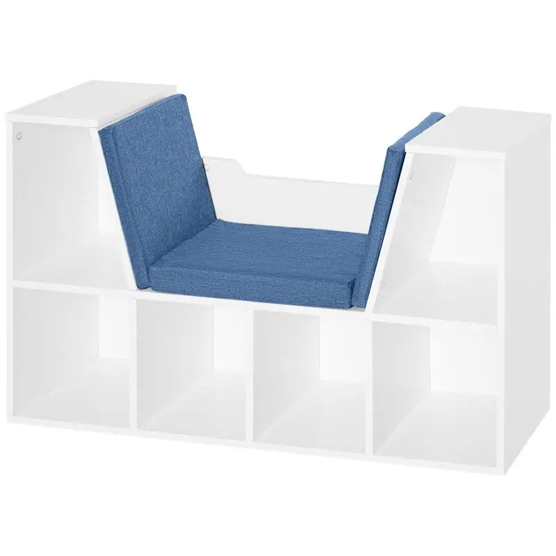 6-Cube Bookcase with Seat and Cushion – Living Room/Bedroom – 102x30x61cm – White and Blue