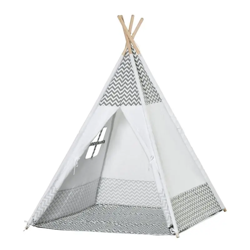 Portable Wooden Kids' Teepee Tent (Ages 3+) with Window, Mat, and Carry Bag – Indoor/Outdoor – 120x120x155 cm – Grey