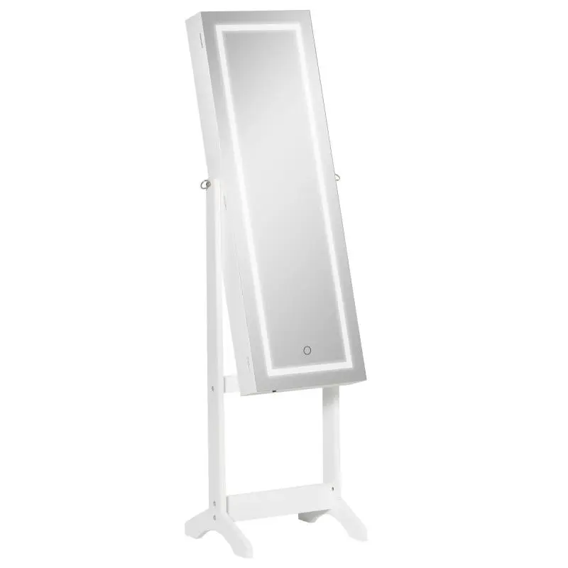 Jewelry Armoire with LED Light Strip, Magnetic Lock, Shelves, and Ring Slots – White