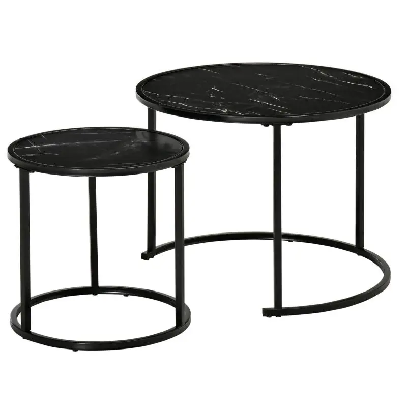 Set of 2 Round Stackable Side Tables / Nesting Tables with Marble-Effect Tops ( Diameter60x46 cm and Diameter40x40 cm) – Black