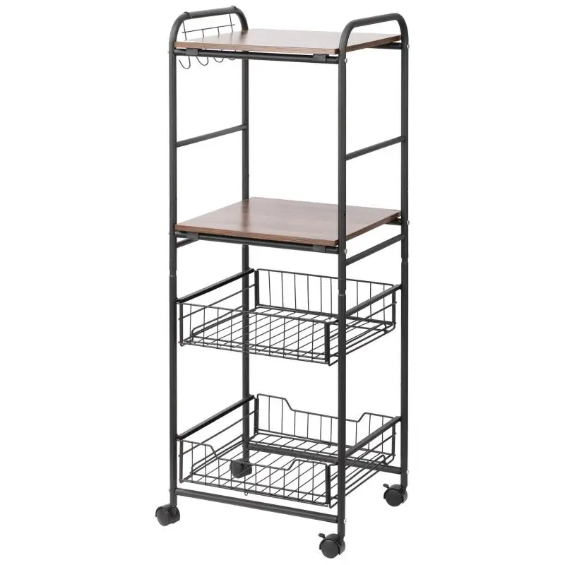 Auxiliary Storage Cart with 2 Shelves, 2 Removable Baskets, and 4 Hooks (40x38x111 cm) – Walnut and Black