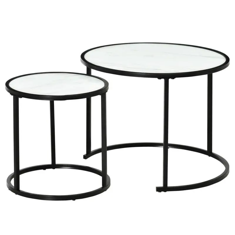 Set of 2 Round Stackable Side Tables / Nesting Tables with Marble-Effect Tops (Ø60x46 cm and Ø40x40 cm) – White