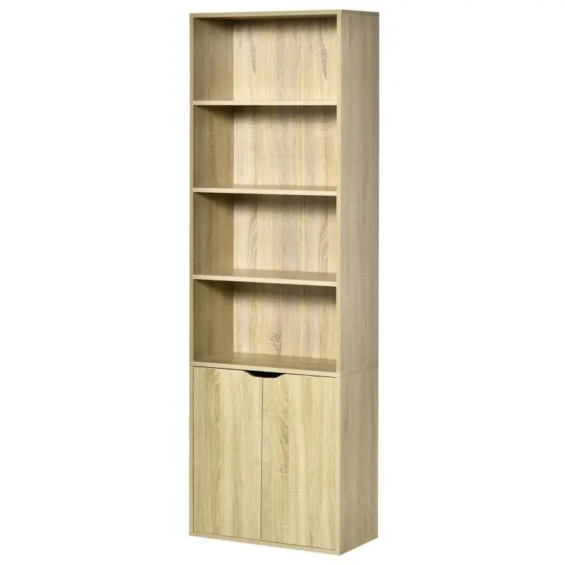 Bookcase/Storage Unit with 4 Open Compartments and 2 Doors for Living Room or Office, 59x29x180 cm, Natural Finish