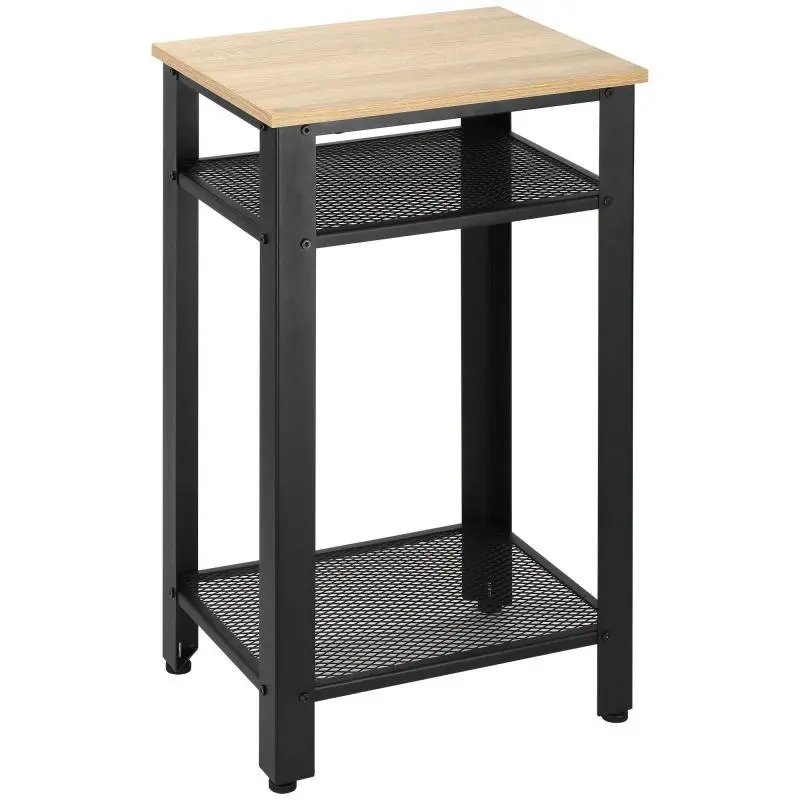 Industrial-Style Side Table/Nightstand with 2 Metal Mesh Shelves and Adjustable Feet for Living Room or Bedroom, 45x35x75 cm, Oak and Black
