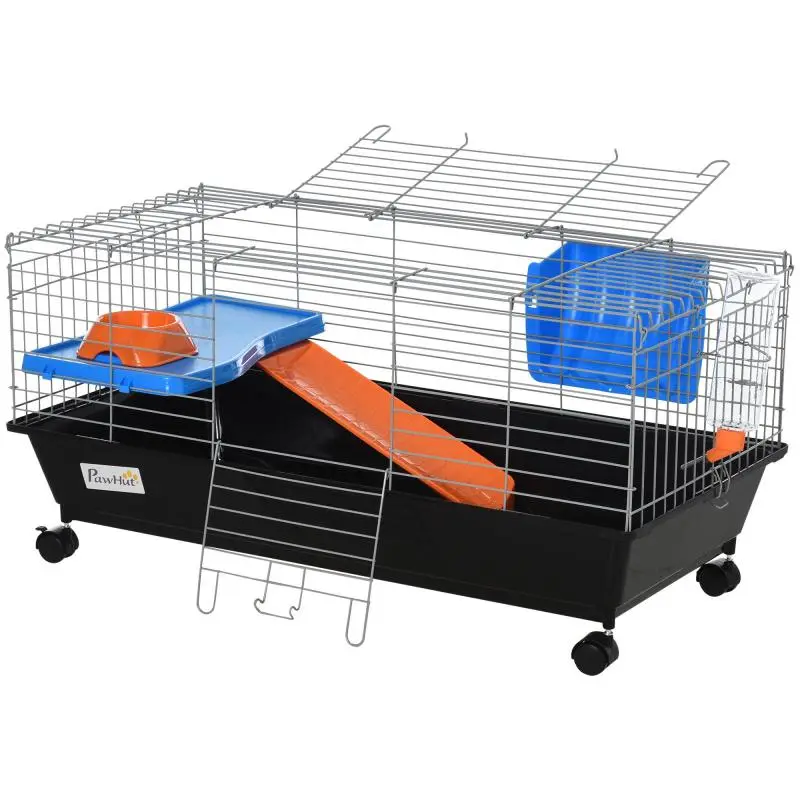 Small Rodent Cage with Wheels – Habitat for Ferrets and Guinea Pigs – Includes Feeder, Water Bottle, Ramp, and Opening Roof – 89x44x43 cm – Black