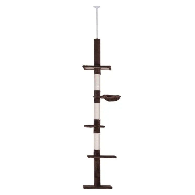 Brown Floor-to-Ceiling Cat Tree (230–260 cm) with Adjustable Height, Platforms, Hammock, and Sisal Posts