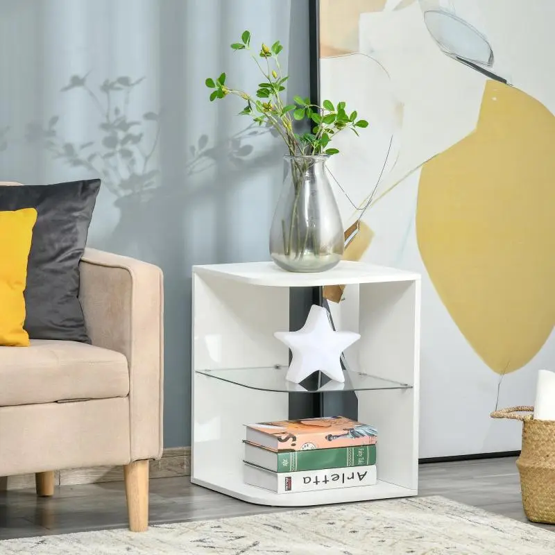 Modern Living Room Side Table / Nightstand with 3 Shelves and Glass Top – Coffee Table for Living Room or Bedroom – 40x40x56 cm – White