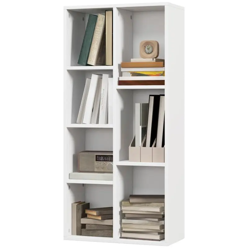 Wooden Bookshelf with 7 Storage Compartments for Books, Plants, and Files – Suitable for Living Room, Bedroom, or Office – 50x24x106 cm – White
