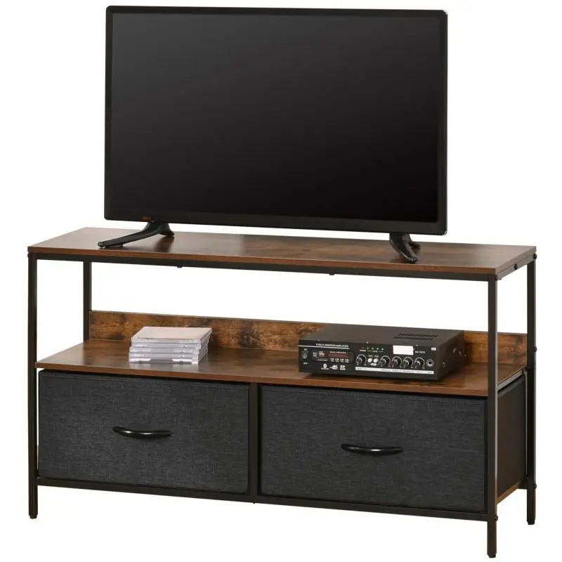 TV Stand with Shelf and 2 Foldable Fabric Drawers, for TVs up to 47 Inches, 98 cm Long, for Living Room or Bedroom, Rustic Brown and Black
