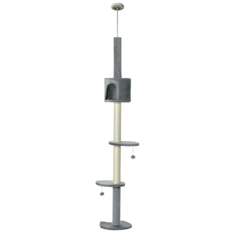 Ceiling-Mount Cat Scratching Tree (255 cm Height) with Platforms, Cave, Sisal Posts, and Hanging Balls – Light Grey