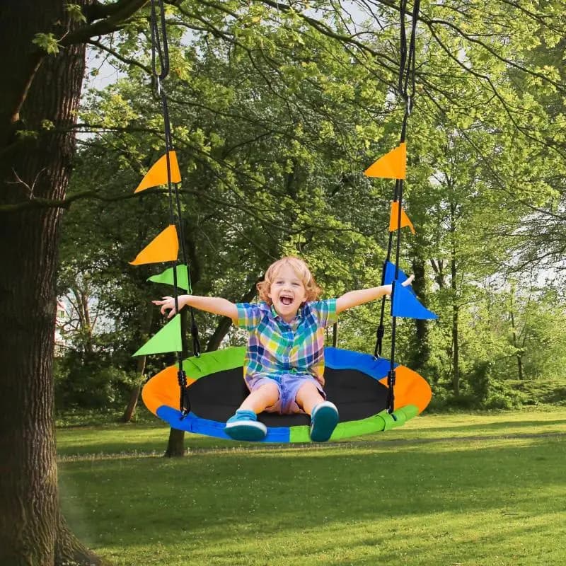 Garden Nest Swing (Ø100 cm, Adjustable Height 120–180 cm) with Ropes and Flags – For Kids and Adults – 80 kg Load Capacity – Indoor/Outdoor – Multicolored