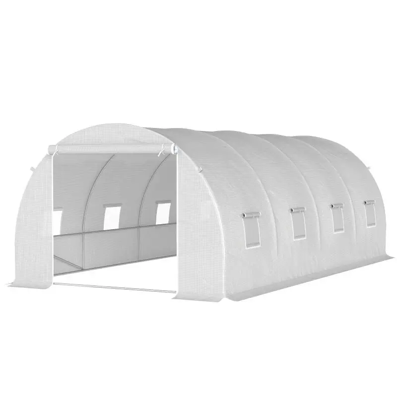 6x3x2m Tunnel Greenhouse / Patio Greenhouse with 8 Windows, 140 g/m² Polyethylene Cover, White Steel Frame