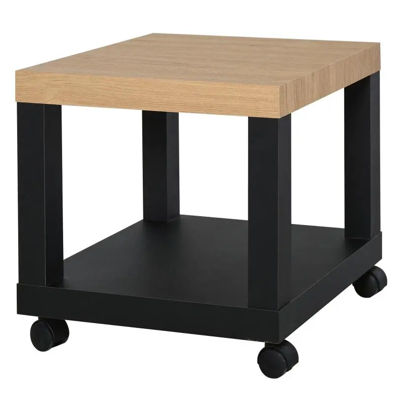 Side Table with Wheels and Open Shelf – Sofa Table for Living Room or Bedroom – 40x40x40 cm – Natural and Black