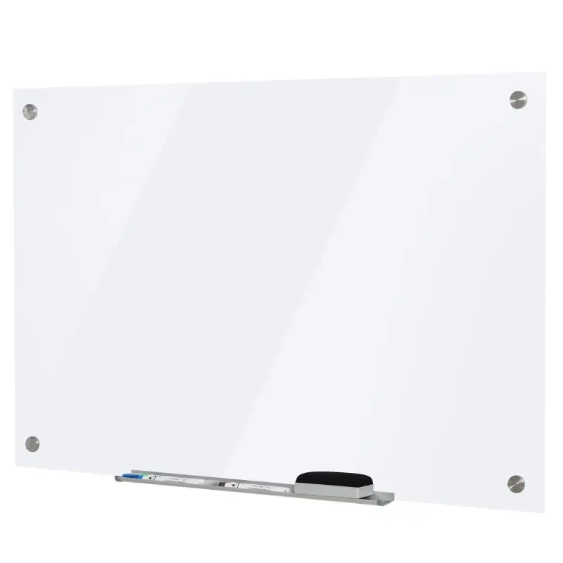 Glass Board with Tray – Frameless Wall-Mounted Board – Includes 4 Markers and Eraser – 90 x 60 x 0.45 cm – White