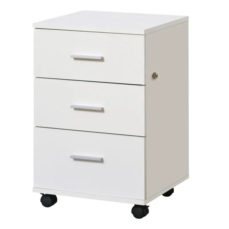 Office Drawer Unit with Lock and Swivel Casters, 3 Drawers, Compact, 40x40x61.5 cm, White