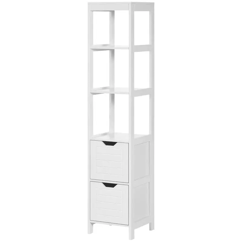 Tall Storage Unit with 3 Open Shelves and 2 Drawers – Anti-Tip Design – 30x30x144 cm – White