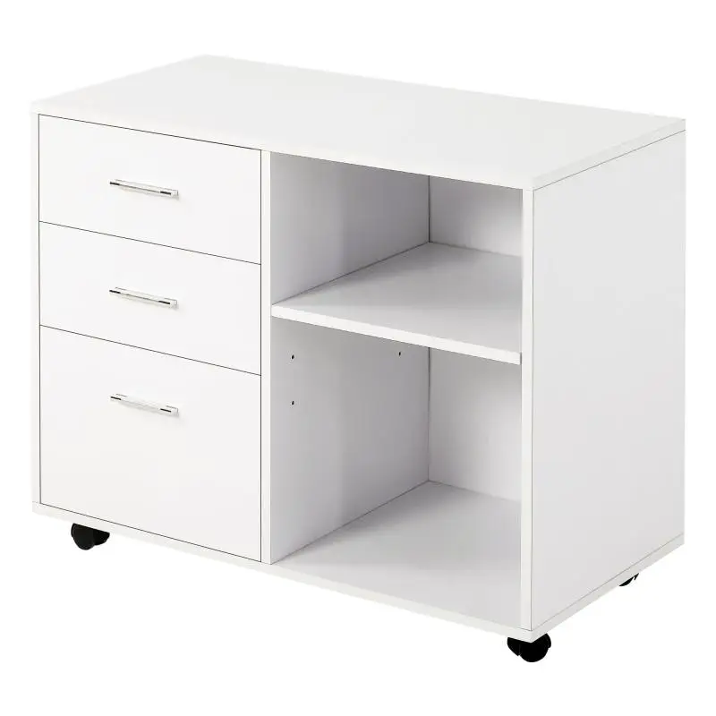 Multifunctional Office Printer Cabinet with 3 Drawers, Shelves, and Wheels – 80x40x65 cm – White