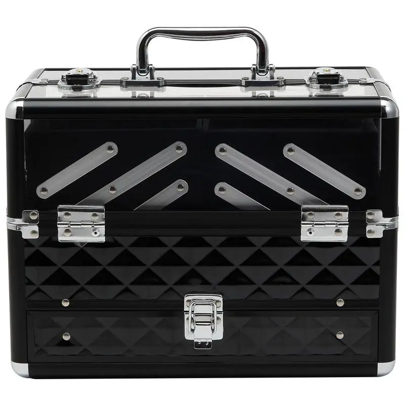 Portable Multi-Level Makeup and Jewelry Organizer Case with Handle and Fold-Out Trays – Aluminum Alloy – 30 x 18.5 x 22 cm – Transparent and Black