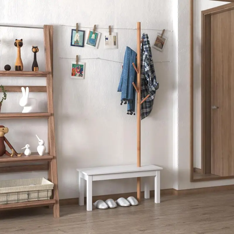 Modern Bamboo and MDF Freestanding Coat Rack with Bench and 6 Hooks – Tree-Style Hallway/Entryway Stand for Clothes and Bags