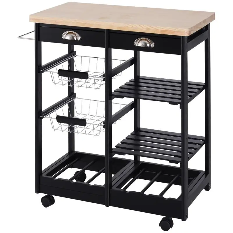 Rolling Utility Cart / Vegetable Cart / Kitchen Trolley with 2 Drawers, 2 Baskets, and 2 Shelves – 74x37x76 cm – Black