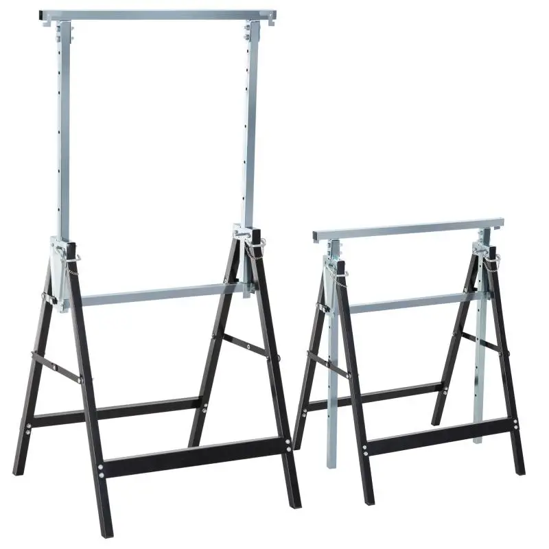 Set of 2 Foldable Metal Sawhorses with Adjustable Height – Steel – 68 x 58 x 80–130 cm – Black
