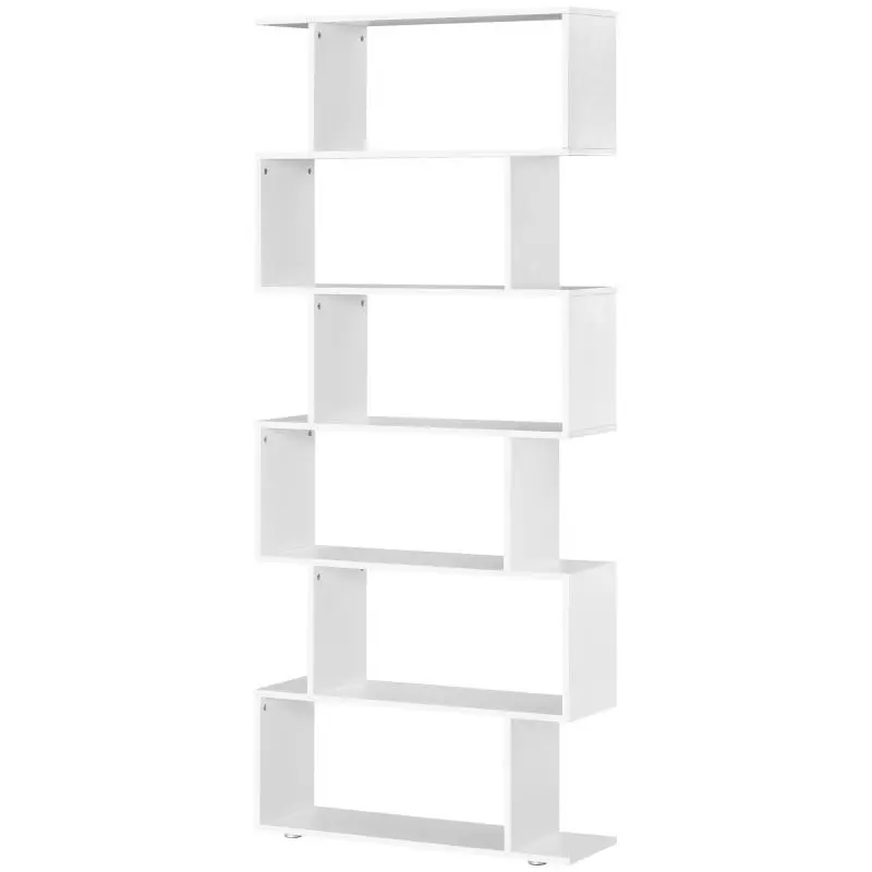 S-Shaped Wooden Bookcase with 6 White Shelves 80x24x191 cm