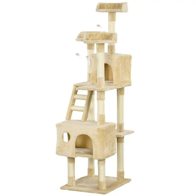 Large Cat Scratching Tree with Scratching Post, Multiple Platforms, Stairs, Caves, and Toys, Size: 60x50x181cm Beige
