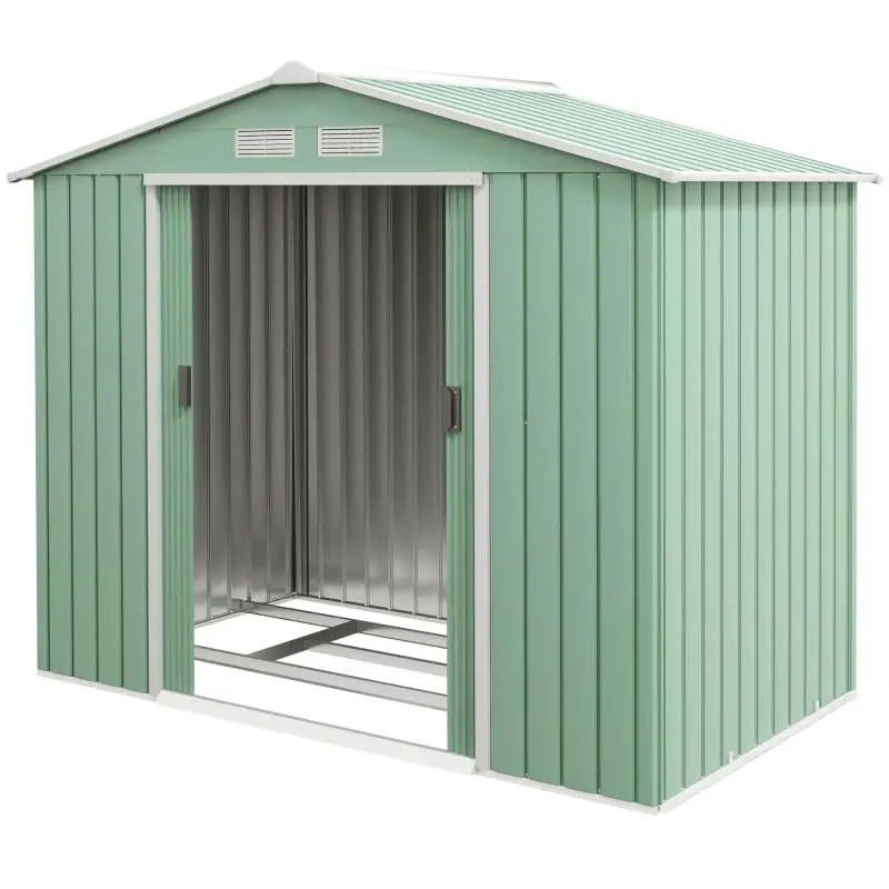 Garden Shed, 2 Sliding Doors, Ventilation Window, Base Frame, Stainless Steel, Light Green, 2.13 x 1.30 x 1.85 m