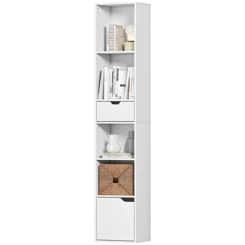 6-tier bookshelf, 3-level adjustable, with drawer, cabinet door, customizable shelf, display shelf