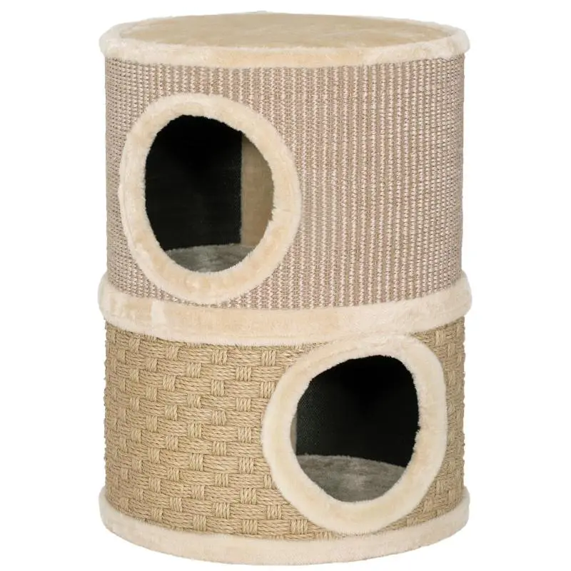 Cat scratching barrel, cat tree with natural sisal and seagrass covered in plush, 35.5x35.5x49cm, khaki/coffee
