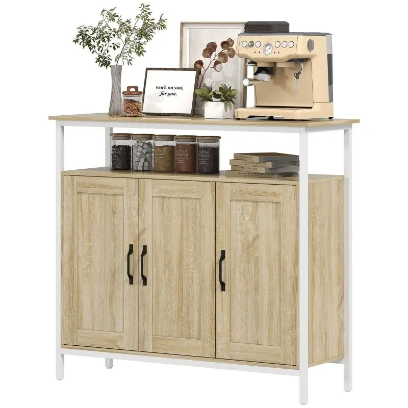 Sideboard/storage unit with 3 doors, open compartment, and 4 adjustable shelves, 100 x 35 x 88 cm, natural wood