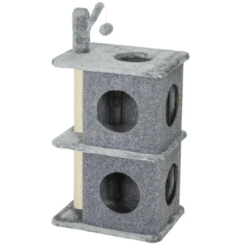 3-level cat tree/tower with 2 hideaways, comfortable resting area, and toy ball – 43 x 33 x 80 cm – Dark Grey