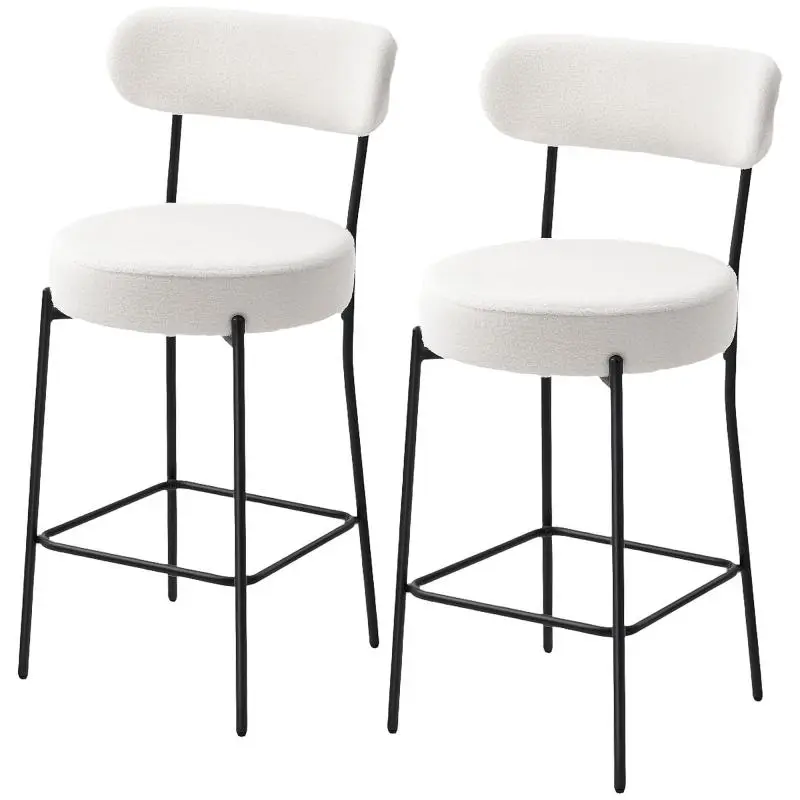Set of 2 boucle fabric bar stools, bar chairs with curved backrest and footrest, 49x52x95cm
