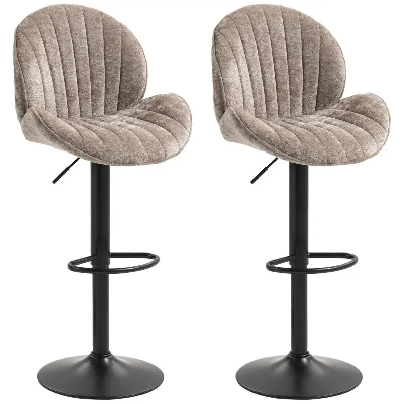 Set of 2 shell-shaped bar stools with backrest, adjustable height, footrest, and steel frame – Brown