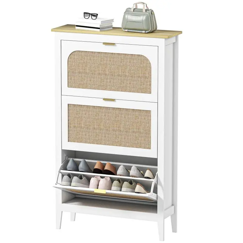 Bohemian-style shoe cabinet for 21 pairs with 3 tilt-out compartments and rattan-effect doors, 80 x 24 x 131 cm, white