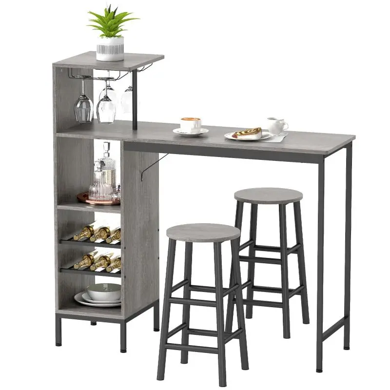 Bar table and stool set, standing dining table with 2 bar chairs, shelves, and wine racks – natural wood