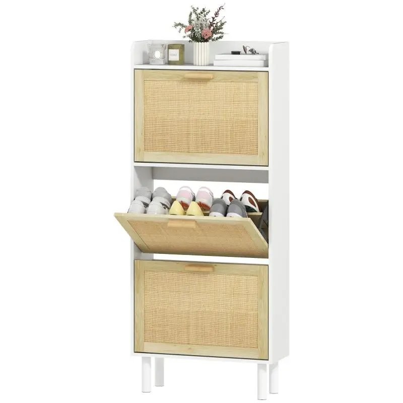 Shoe cabinet with 3 drop-down doors and shelf, woven resin effect, bohemian design, 65 x 24.5 x 153 cm, white