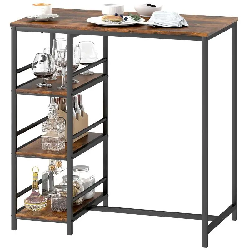 High bar table with 3 storage shelves and steel frame, 90 x 50 x 90.5 cm, rustic brown, black